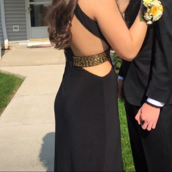 macy's black and gold prom dress
